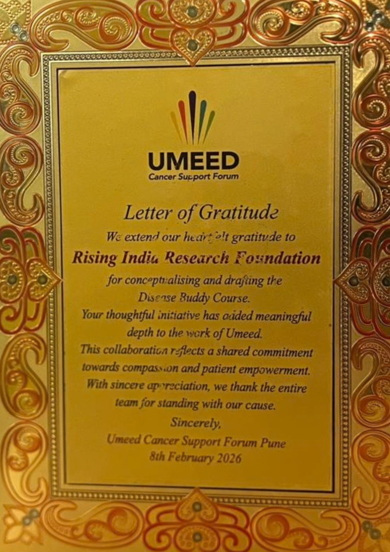 Letter of Gratitude from Umeed Cancer Support Forum
